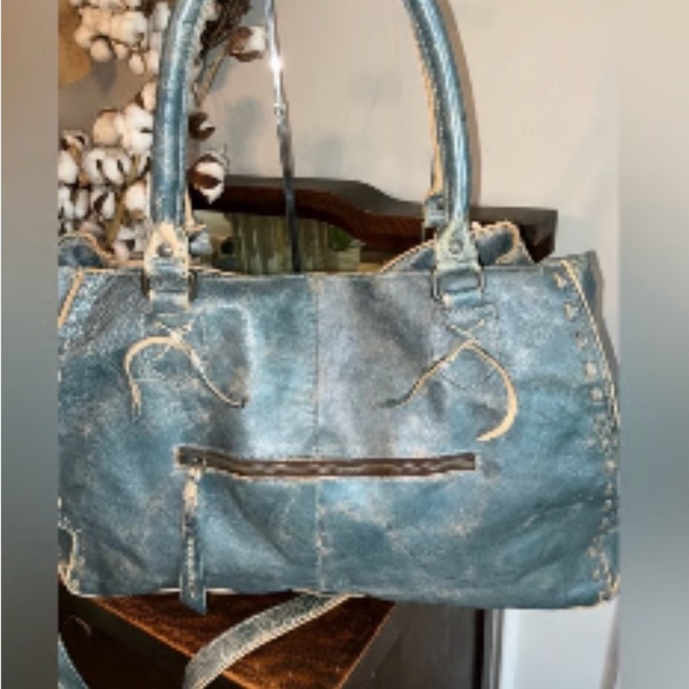 Bed Stu Distressed Blue/ Teal Leather Shoulder Bag Rockaway